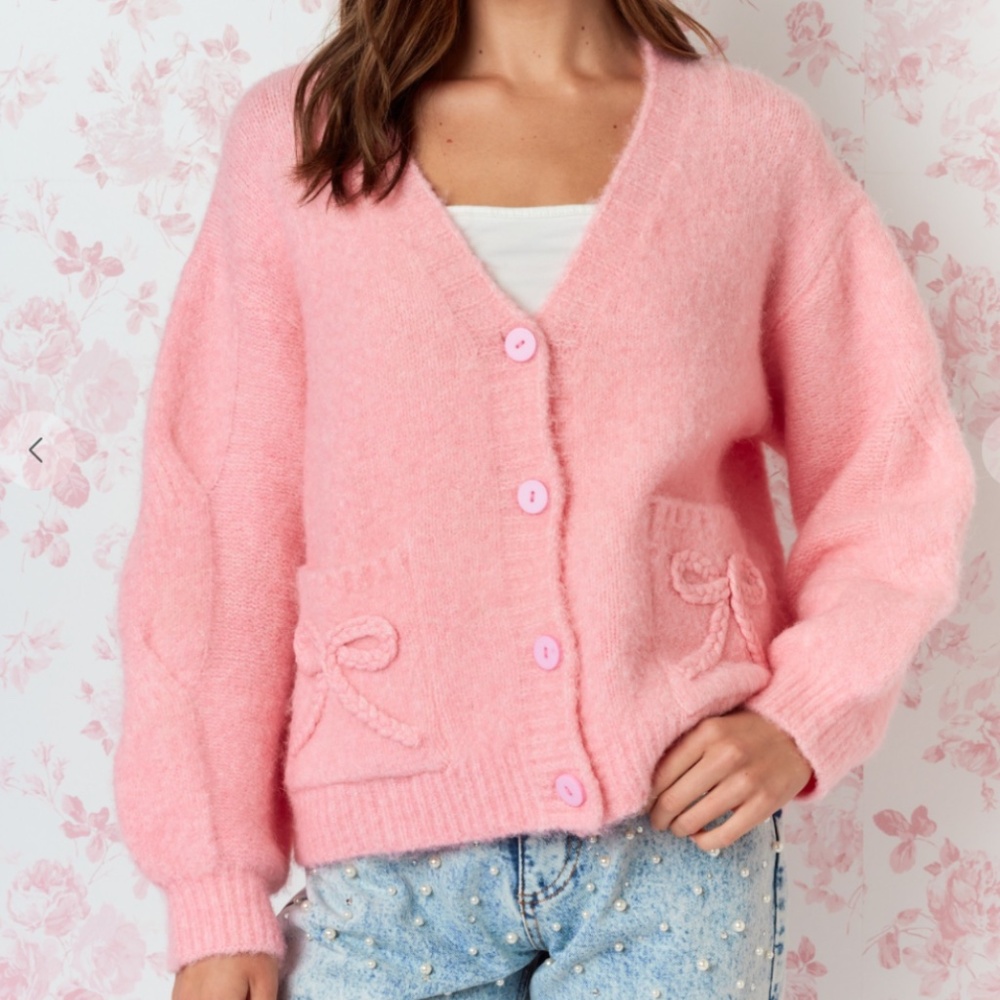 NWOT Rareraw Pink V-Neck Button Cardigan w/Pocket Bows & Back Graphic Size S/M